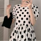 Dotted Short-sleeve Midi Shift Dress Dots Dress - One Size