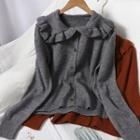 Long-sleeve Collared Frill Trim Button-up Knit Top