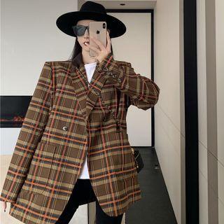 Double-breasted Plaid Blazer Coffee - One Size