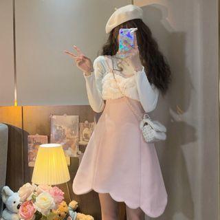 Long-sleeve Plain T-shirt / Scallop Trim Mini Overall Dress