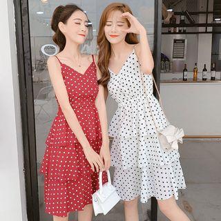 Spaghetti Strap Polka Dot Chiffon A-line Tiered Dress