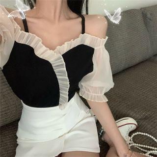Two-tone Panel Cold-shoulder Top / Plain Shirred Mini Pencil Skirt