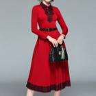 Lace Trim Long-sleeve Collared A-line Dress