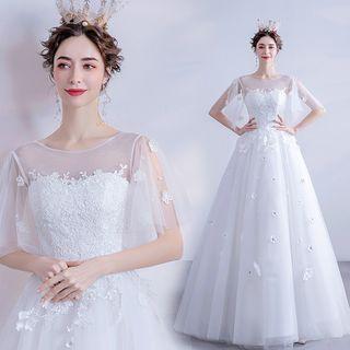 Short-sleeve Floral Embroidered Paneled A-line Evening Gown
