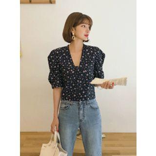Puff-sleeve Floral Cropped Blouse