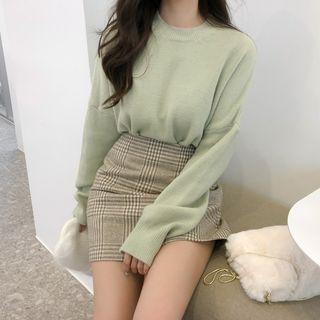 Crew-neck Long-sleeve Knit Top / Plaid Mini A-line Skirt