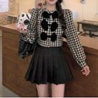 Long-sleeve Checked Bow Blouse / Pleated Mini A-line Skirt