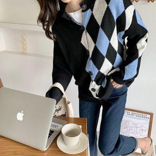 Color-block Cardigan Black & Blue - One Size