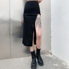 Fringed Trim Side-slit Midi Pencil Skirt
