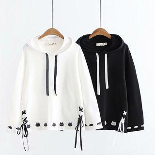 Cartoon Print Drawstring Hoodie / Embroidered Shirt With Tie