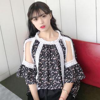 Open Shoulder Floral Print Lace Trim Short-sleeve Chiffon Top
