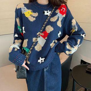 Printed Sweater / Denim Midi Straight-fit Skirt