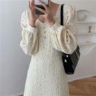 V-neck Puff-sleeve Lace Dress Off-white - One Size