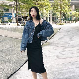 Washed Denim Jacket / Spaghetti-strap Side Slit Dress