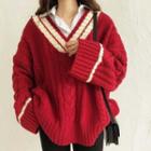 V-neck Cable Knit Contrast Trim Sweater