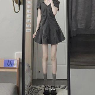 Short-sleeve Shirred Mini A-line Shirt Dress