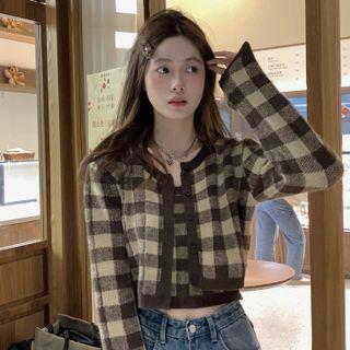 Set: Plaid Cardigan + Camisole Top Gingham - Black & White - One Size