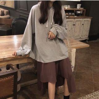 Drawstring Hoodie / Asymmetric Hem Midi A-line Skirt