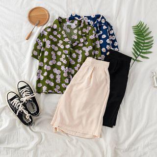 Flower Print Short Sleeve Shirt / Wide-leg Shorts