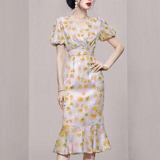 Puff-sleeve Floral Midi Mermaid Dress