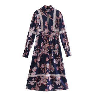 Long-sleeve Floral Print Cutout Midi A-line Dress