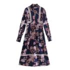 Long-sleeve Floral Print Cutout Midi A-line Dress