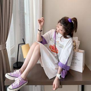Elbow-sleeve Letter Print Contrast Trim T-shirt