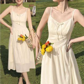 Spaghetti Strap V-neck Bow Accent Midi A-line Dress