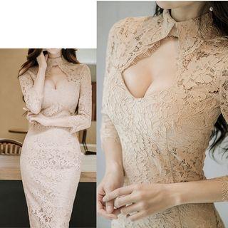 Long-sleeve Midi Sheath Lace Dress