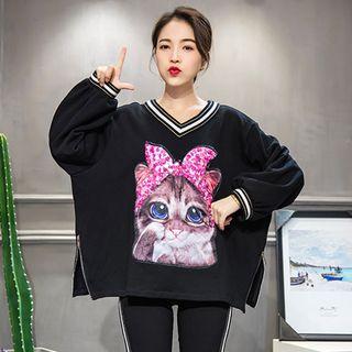 V-neck Cat Print Pullover