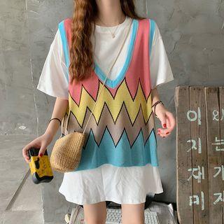 Color-block V-neck Knit Tank Top / Short-sleeve T-shirt Dress