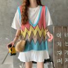 Color-block V-neck Knit Tank Top / Short-sleeve T-shirt Dress