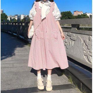 Tie-neck Blouse / Checked A-line Midi Pinafore Dress