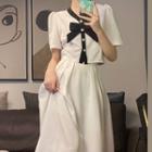 Short-sleeve Bow Button-up Top / Midi Skirt