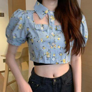 Balloon-sleeve Floral Print Denim Blouse