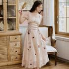 Short-sleeve Embroidered Dotted Chiffon A-line Midi Dress