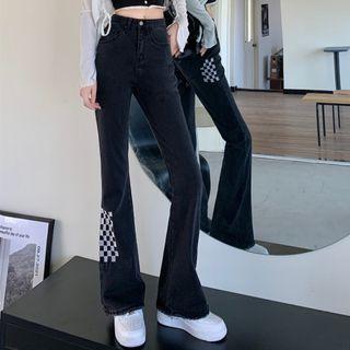 High Waist Checkered Panel Bootcut Jeans
