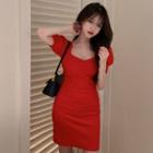 Short-sleeve Mini A-line Knit Dress Red - One Size