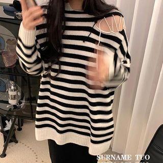Asymmetrical Cold-shoulder Striped Sweater