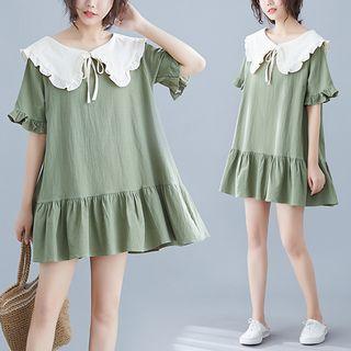 Peter-pan-collar Short-sleeve Dress Green - One Size