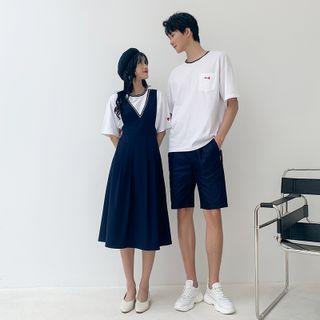 Couple Matching Short-sleeve T-shirt / Midi Overall Dress
