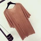 Cable-knit Front-slit Elbow-sleeve Top