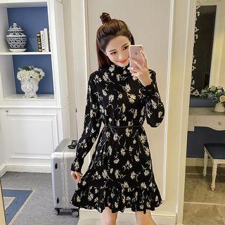 Floral Print Mock Neck Pleated A-line Dress