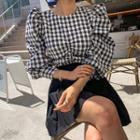 Puff-sleeve Ruched Gingham Top