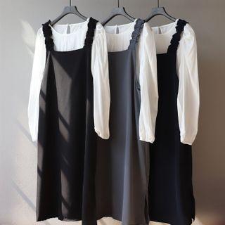 Set: Plain Blouse + Midi A-line Pinafore Dress