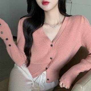 Plain V-neck Long-sleeve Cropped Cardigan Pink - One Size