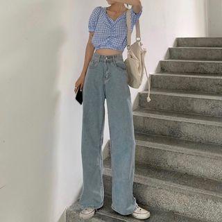 Plaid Short Sleeve Cropped Top / Wide Leg Jeans