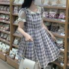 Puff-sleeve Blouse / Plaid A-line Overall Dress