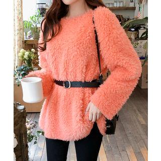 Round-neck Furry Top With Belt Orange - One Size