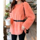 Round-neck Furry Top With Belt Orange - One Size
